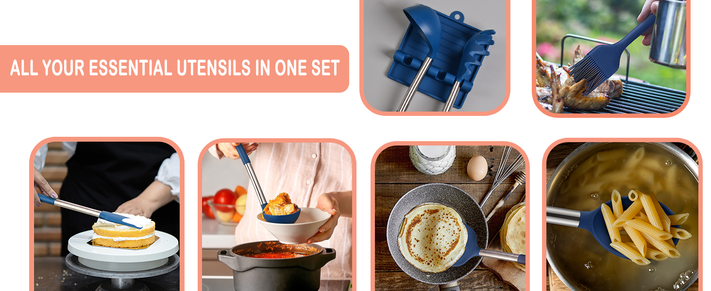 HOTEC 446°F Heat Resistant Silicone Kitchen Utensils, BPA Free Cooking Utensil Set, Spatula Set, Kitchen Gadgets, with Stainless Steel Utensils Holder, Dishwasher Safe, 14pcs Classic Blue