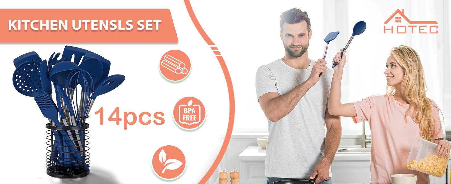 HOTEC 446°F Heat Resistant Silicone Kitchen Utensils, BPA Free Cooking Utensil Set, Spatula Set, Kitchen Gadgets, with Stainless Steel Utensils Holder, Dishwasher Safe, 14pcs Classic Blue