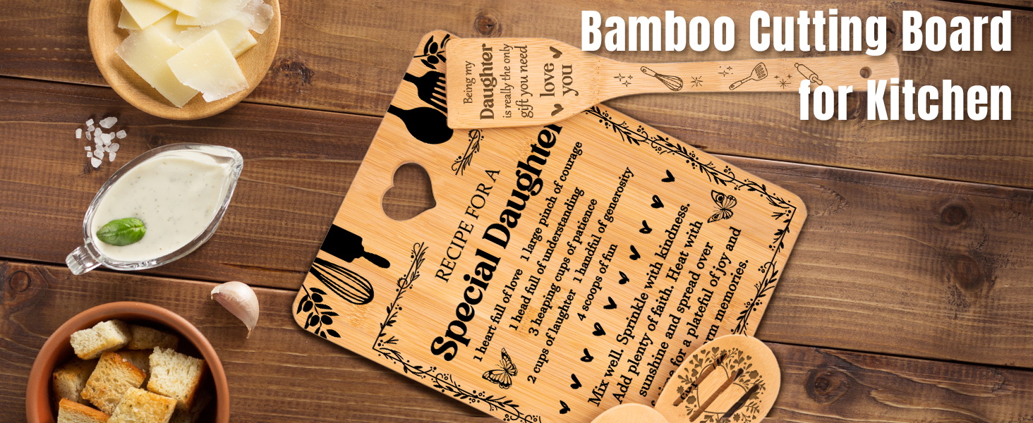 Gifts for Daughter - "Recipe for a Special Daughter" Daughter Birthday Gifts Cutting Board Set, Bamboo-Made Engraved Utensil Set Birthday Gifts for Daughter, Daughter Gifts