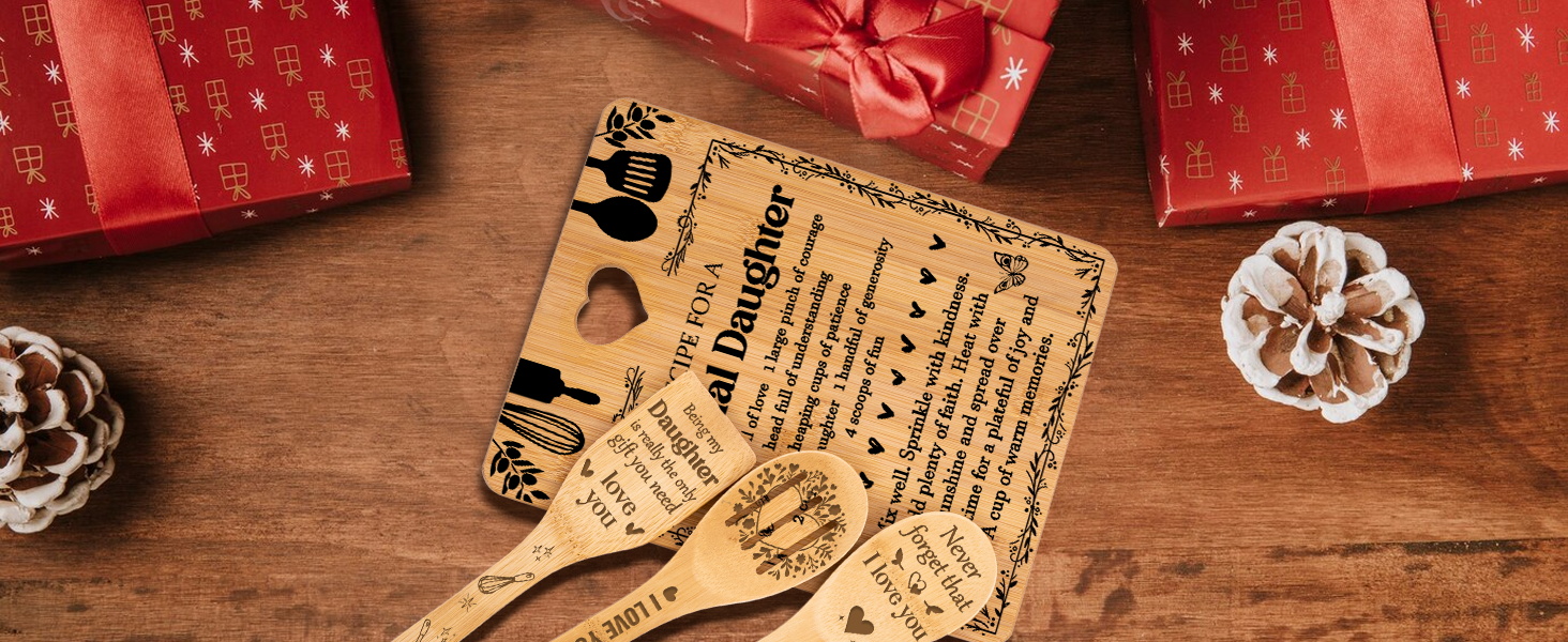 Gifts for Daughter - "Recipe for a Special Daughter" Daughter Birthday Gifts Cutting Board Set, Bamboo-Made Engraved Utensil Set Birthday Gifts for Daughter, Daughter Gifts