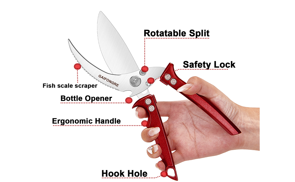 Heavy Duty Poultry Scissors - All Purpose Kitchen Shears for Chicken, Fish & Meat - Easily Separable, Dishwasher Safe (Red)