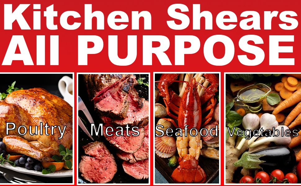 Heavy Duty Poultry Scissors - All Purpose Kitchen Shears for Chicken, Fish & Meat - Easily Separable, Dishwasher Safe (Red)