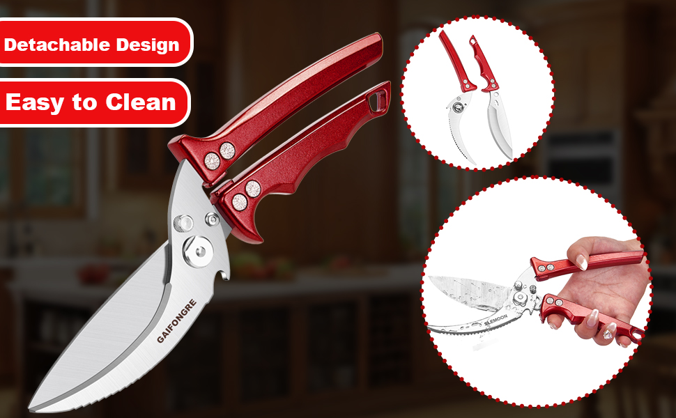 Heavy Duty Poultry Scissors - All Purpose Kitchen Shears for Chicken, Fish & Meat - Easily Separable, Dishwasher Safe (Red)