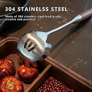 Spaghetti Spoon Stainless Steel, Metal Pasta Spoon with Teeth, Wooden Handle Pasta Fork Noodle Scoop for Cooking - 14” Spaghetti Claw Server Utensil