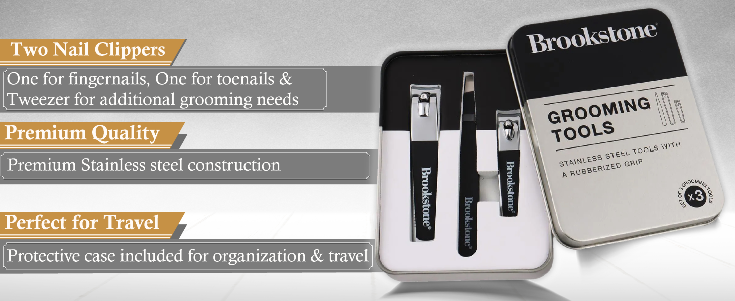 Brookstone Nail Clippers Set - Premium Stainless Steel Nail Clipper and Nail Cutter with Rubberized Non-Slip Grip, Includes Case and Tweezer, Two Nail Clippers for Precision Grooming