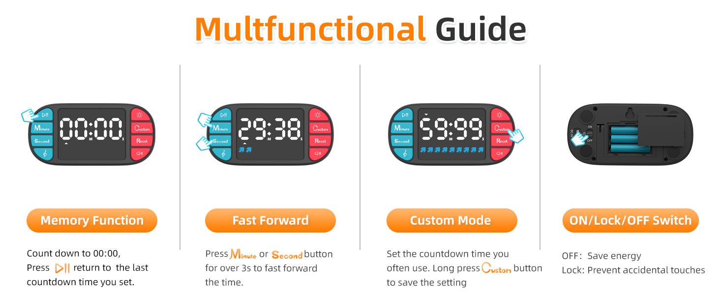 DOOMAY Digital Kitchen Visual Timer: 3.6'' Large LED Display, Magnetic, 3 Brightness, 4 Alarms and Volume, Memory Function, Countdown Count up for Cooking, Classroom, Home Gym, AAA Battery Included