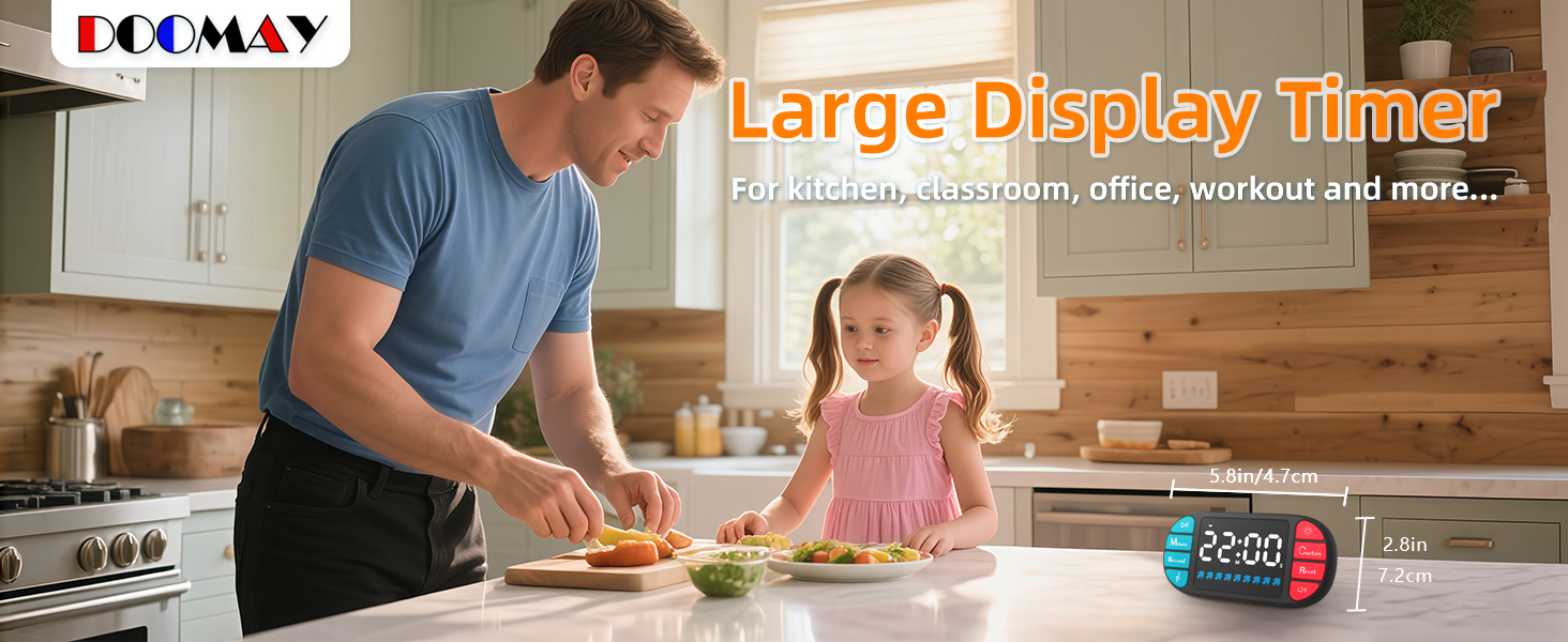 DOOMAY Digital Kitchen Visual Timer: 3.6'' Large LED Display, Magnetic, 3 Brightness, 4 Alarms and Volume, Memory Function, Countdown Count up for Cooking, Classroom, Home Gym, AAA Battery Included