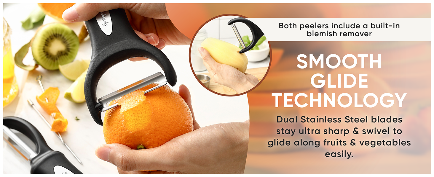 Spring Chef Swivel Vegetable Peeler & Y Potato Peeler for Kitchen with Soft Grip Handles and Ultra Sharp Stainless Steel Blades, Perfect for Veggie, Fruit, Carrot, Apple - Dishwasher Safe - Black