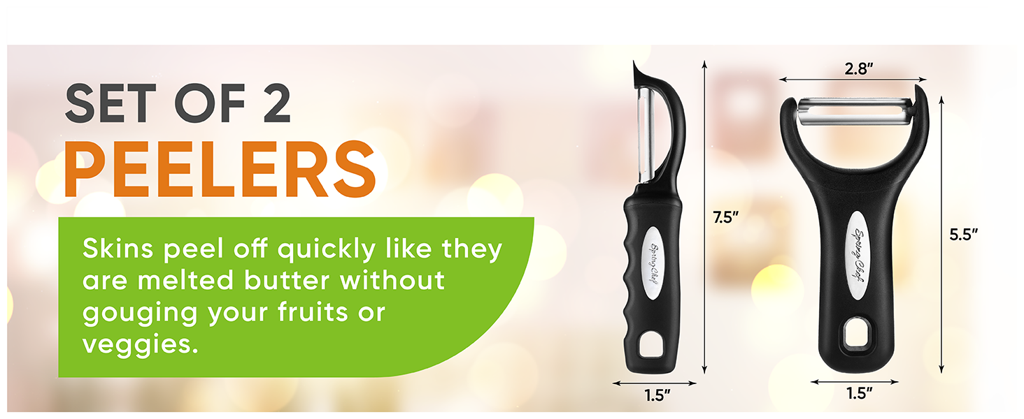 Spring Chef Swivel Vegetable Peeler & Y Potato Peeler for Kitchen with Soft Grip Handles and Ultra Sharp Stainless Steel Blades, Perfect for Veggie, Fruit, Carrot, Apple - Dishwasher Safe - Black