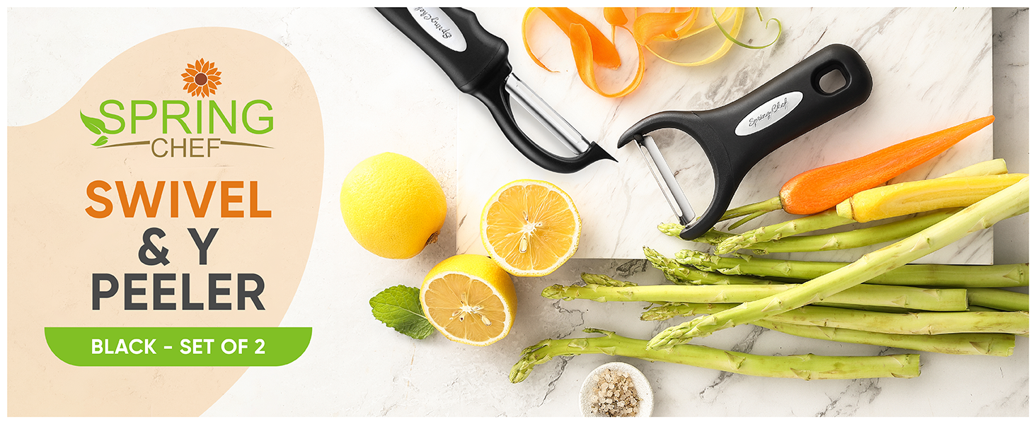 Spring Chef Swivel Vegetable Peeler & Y Potato Peeler for Kitchen with Soft Grip Handles and Ultra Sharp Stainless Steel Blades, Perfect for Veggie, Fruit, Carrot, Apple - Dishwasher Safe - Black