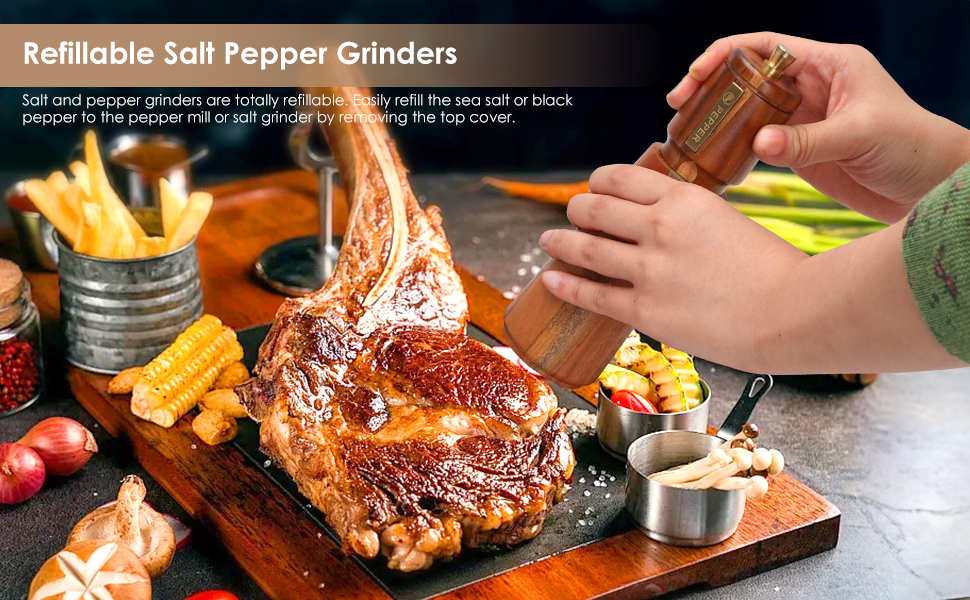 Wooden Salt and Pepper Grinder Set with Brush and Spoon, 8 Inch Manual Salt and Pepper Mill, Adjustable Coarseness, Refillable Pepper Grinder with Ceramic Core for Kitchen, Brown