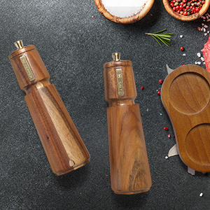 Wooden Salt and Pepper Grinder Set with Brush and Spoon, 8 Inch Manual Salt and Pepper Mill, Adjustable Coarseness, Refillable Pepper Grinder with Ceramic Core for Kitchen, Brown