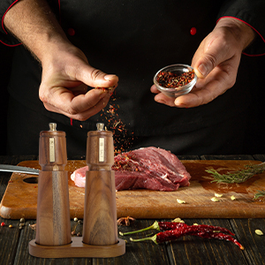 Wooden Salt and Pepper Grinder Set with Brush and Spoon, 8 Inch Manual Salt and Pepper Mill, Adjustable Coarseness, Refillable Pepper Grinder with Ceramic Core for Kitchen, Brown