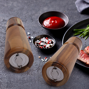 Wooden Salt and Pepper Grinder Set with Brush and Spoon, 8 Inch Manual Salt and Pepper Mill, Adjustable Coarseness, Refillable Pepper Grinder with Ceramic Core for Kitchen, Brown