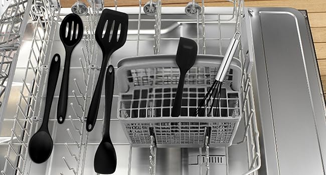 E-far 10 Pieces Silicone Cooking Utensils Set, Heat Resistant Kitchen Utensil Set for Nonstick Cookware, Kitchen Cooking Tools with Spatula, Spoon, Slotted Turner, Non-Toxic & Dishwasher Safe (Black)