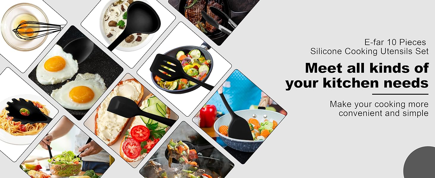E-far 10 Pieces Silicone Cooking Utensils Set, Heat Resistant Kitchen Utensil Set for Nonstick Cookware, Kitchen Cooking Tools with Spatula, Spoon, Slotted Turner, Non-Toxic & Dishwasher Safe (Black)