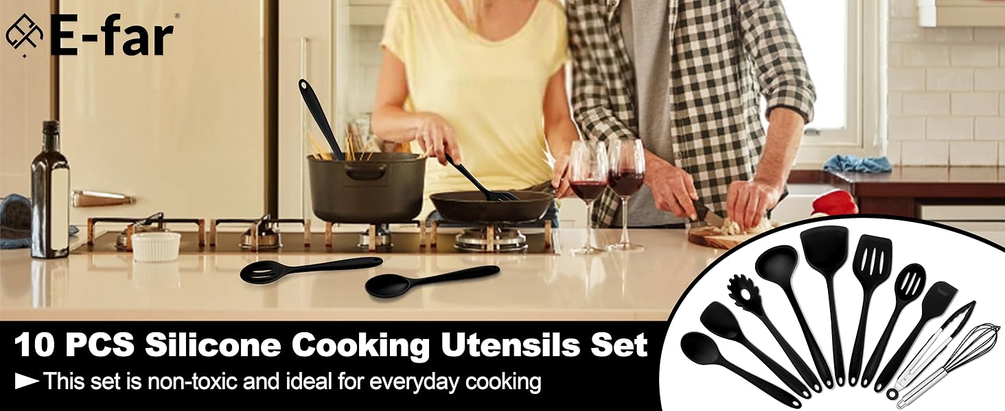 E-far 10 Pieces Silicone Cooking Utensils Set, Heat Resistant Kitchen Utensil Set for Nonstick Cookware, Kitchen Cooking Tools with Spatula, Spoon, Slotted Turner, Non-Toxic & Dishwasher Safe (Black)