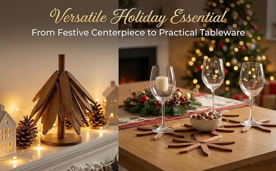 Walnut Tree Table Mat,Wooden Table Mat Tree,Foldable Trivets for Hot Dishes,Non-Slip Heat Insulated Folding Wood Table Plate Mat (Walnut)