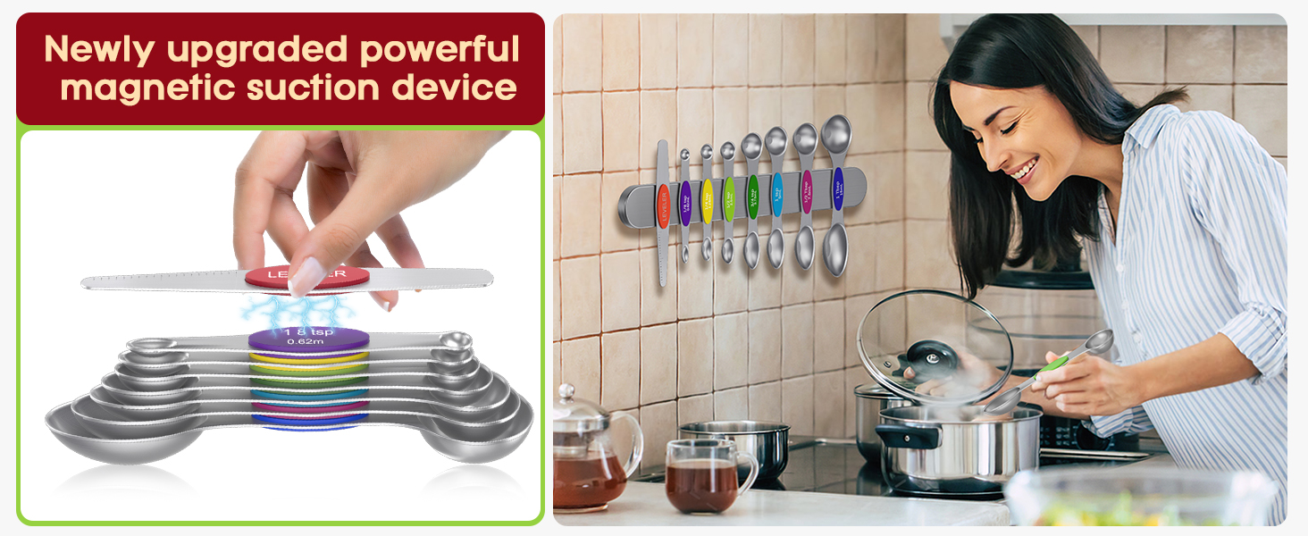 Premium Magnetic Measuring Spoons Set|Strong N52 Magnets|Heavy Duty Stainless Steel|Dual-Sided for Spice Jar & Liquid Measuring|Dishwasher Safe|7 Spoons with Leveler for Baking & Cooking (Colorful)