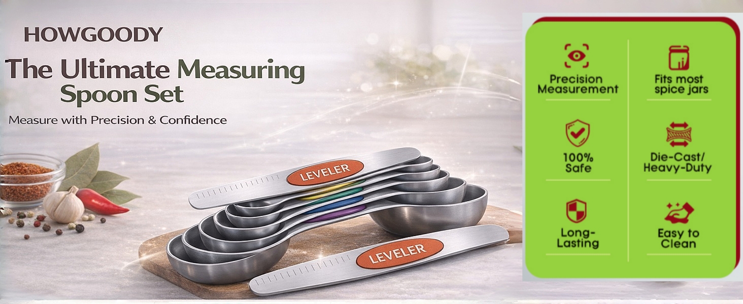 Premium Magnetic Measuring Spoons Set|Strong N52 Magnets|Heavy Duty Stainless Steel|Dual-Sided for Spice Jar & Liquid Measuring|Dishwasher Safe|7 Spoons with Leveler for Baking & Cooking (Colorful)