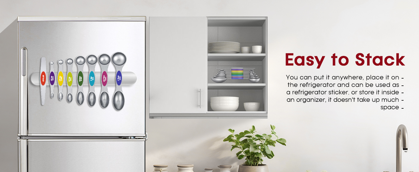 Premium Magnetic Measuring Spoons Set|Strong N52 Magnets|Heavy Duty Stainless Steel|Dual-Sided for Spice Jar & Liquid Measuring|Dishwasher Safe|7 Spoons with Leveler for Baking & Cooking (Colorful)