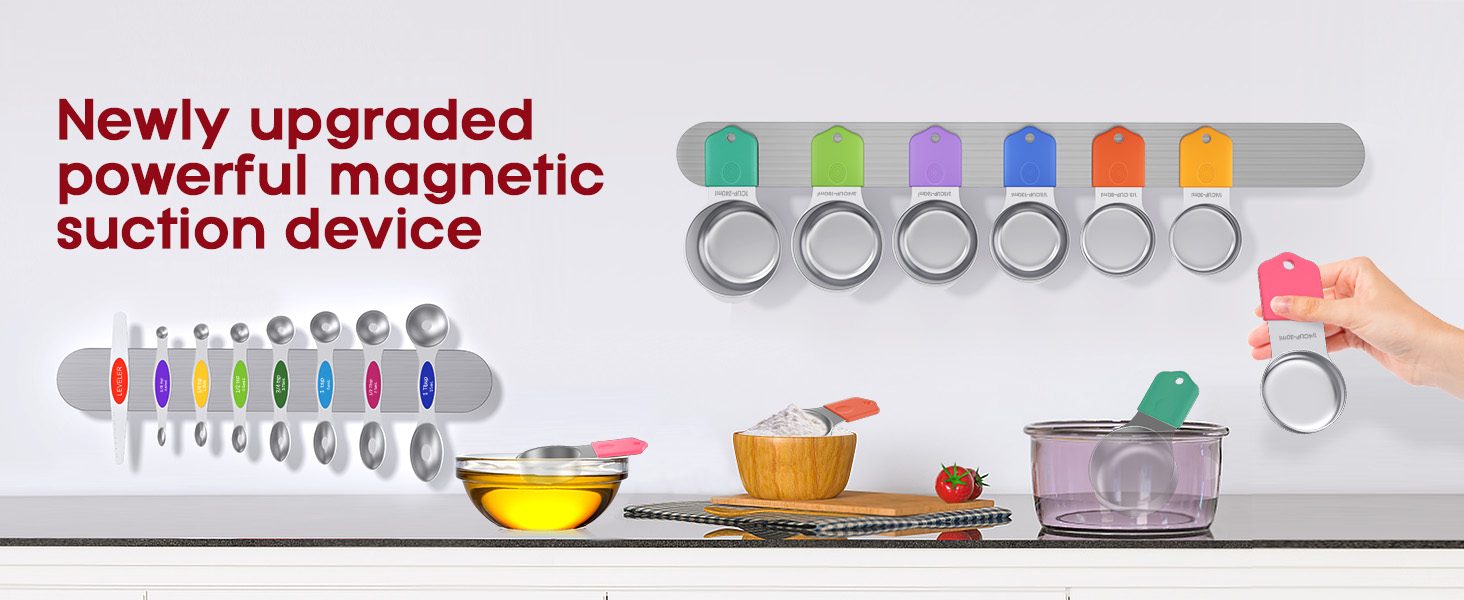 Magnetic Measuring Cups and Spoons Set304 Stainless Steel Dual Scale Set of 15, Strong N52 Magnetic Nesting Design with Leveler, for Dry&Liquid Ingredients, Dishwasher Safe(Colorful)