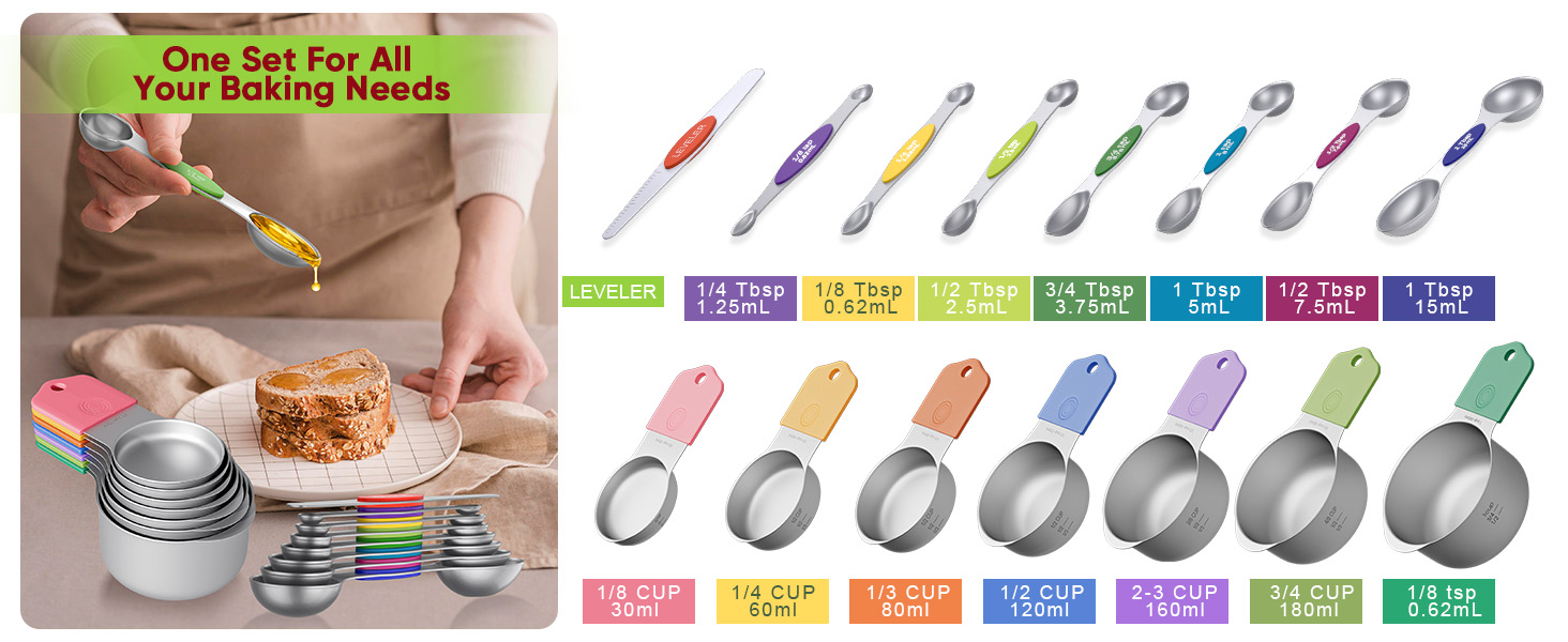 Magnetic Measuring Cups and Spoons Set304 Stainless Steel Dual Scale Set of 15, Strong N52 Magnetic Nesting Design with Leveler, for Dry&Liquid Ingredients, Dishwasher Safe(Colorful)