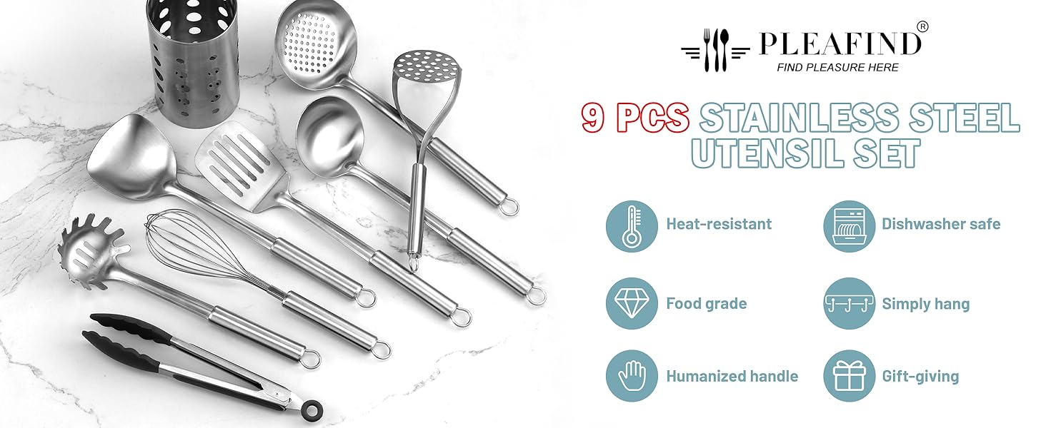 Pleafind Stainless Steel Cooking Utensils Set, 9 Pcs Heat Resistant Kitchen Utensils Set, Nonstick Kitchen Tools Set With Utensil Holder, Metal Spatula Set for Chef, Dishwasher Safe