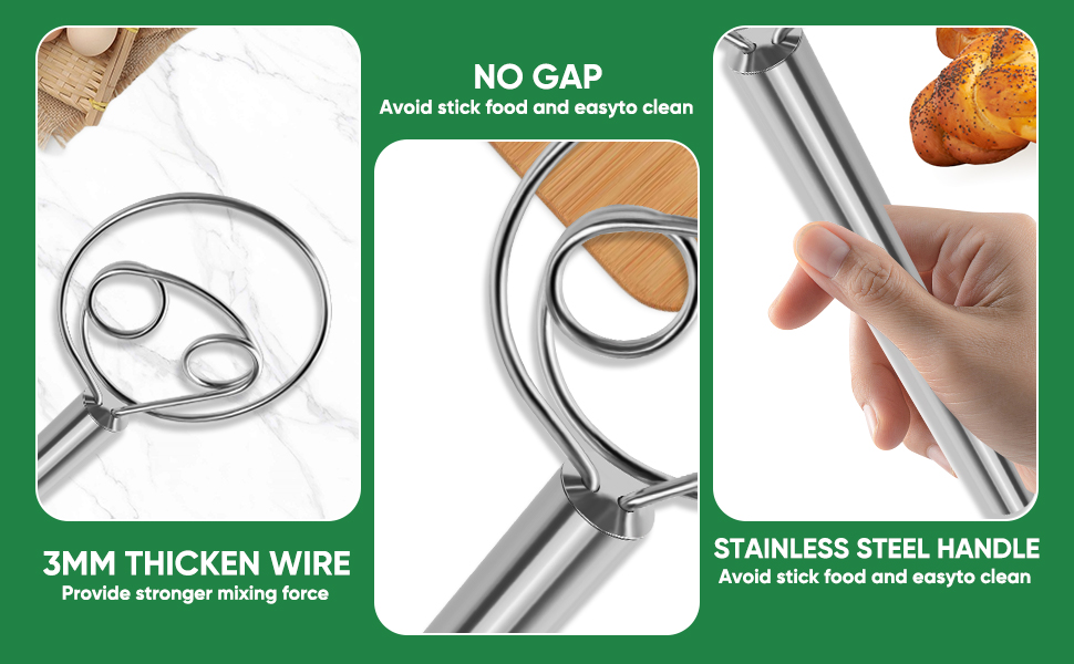 Danish Dough Whisk Stainless Steel Hook Dutch Bread Mixer Hand Tool for Sourdough Baking Making Blending Pastry Pizza