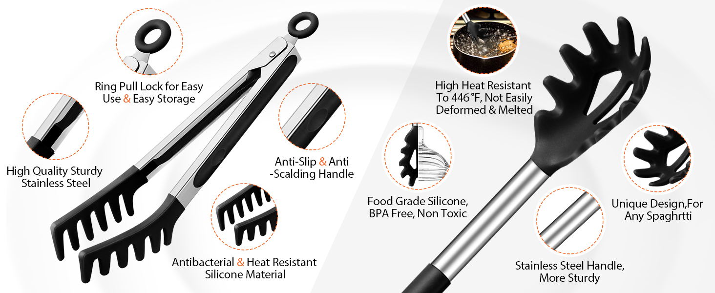Silicone Spaghetti Spoon & Pasta Tong, Non-Stick Stainless Steel Handle Pasta Fork Set with Teeth, Food Clip for Easy Serving of Noodles (Black)