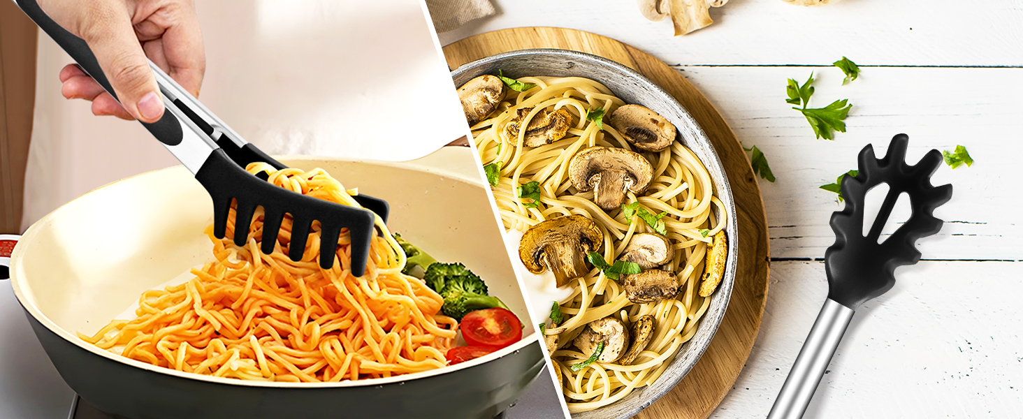 Silicone Spaghetti Spoon & Pasta Tong, Non-Stick Stainless Steel Handle Pasta Fork Set with Teeth, Food Clip for Easy Serving of Noodles (Black)
