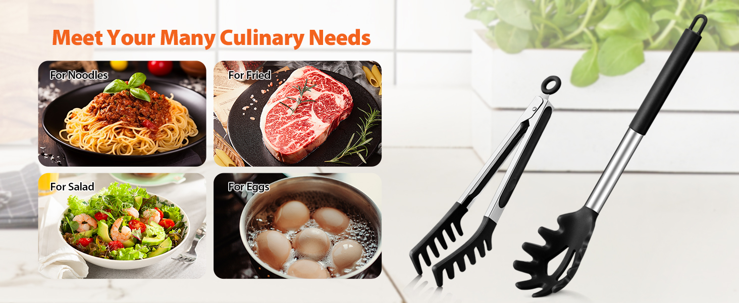 Silicone Spaghetti Spoon & Pasta Tong, Non-Stick Stainless Steel Handle Pasta Fork Set with Teeth, Food Clip for Easy Serving of Noodles (Black)