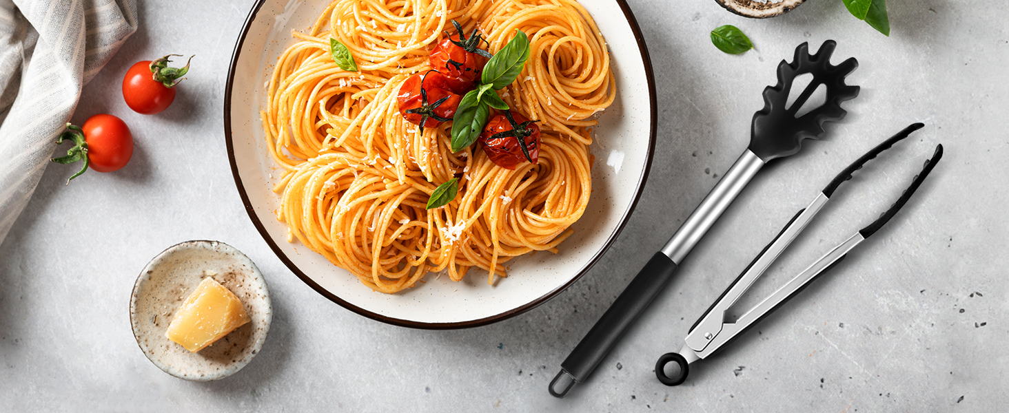 Silicone Spaghetti Spoon & Pasta Tong, Non-Stick Stainless Steel Handle Pasta Fork Set with Teeth, Food Clip for Easy Serving of Noodles (Black)