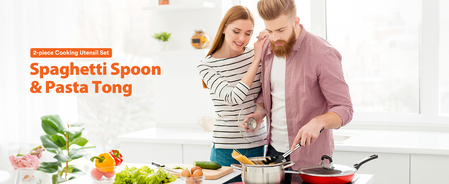 Silicone Spaghetti Spoon & Pasta Tong, Non-Stick Stainless Steel Handle Pasta Fork Set with Teeth, Food Clip for Easy Serving of Noodles (Black)