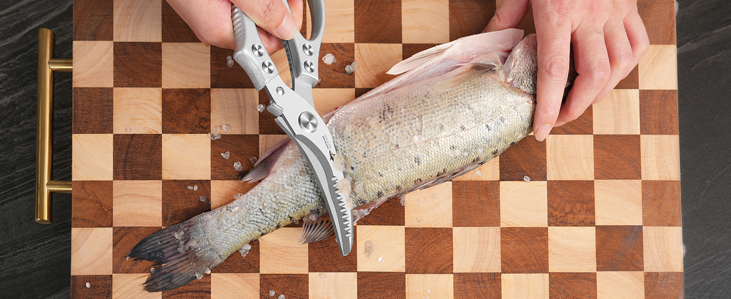 MAD SHARK Heavy Duty Poultry Shears, Kitchen Shears with Non-Slip Handle & Safety Lock, All Purpose Kitchen Scissors for Chicken, Meat Cutting, Turkey, Fish, Vegetables, Spring Loaded, Dishwasher Safe