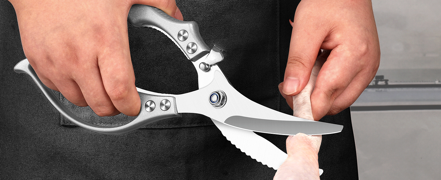 MAD SHARK Heavy Duty Poultry Shears, Kitchen Shears with Non-Slip Handle & Safety Lock, All Purpose Kitchen Scissors for Chicken, Meat Cutting, Turkey, Fish, Vegetables, Spring Loaded, Dishwasher Safe