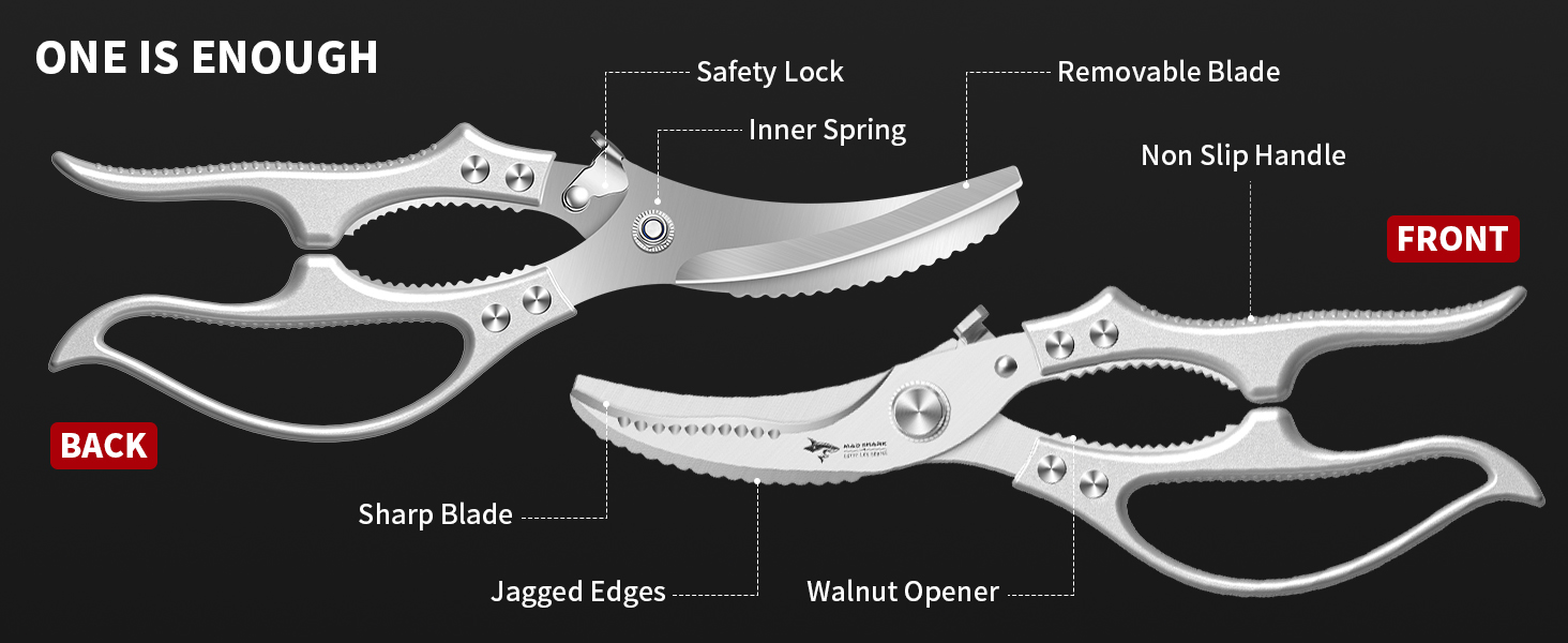 MAD SHARK Heavy Duty Poultry Shears, Kitchen Shears with Non-Slip Handle & Safety Lock, All Purpose Kitchen Scissors for Chicken, Meat Cutting, Turkey, Fish, Vegetables, Spring Loaded, Dishwasher Safe