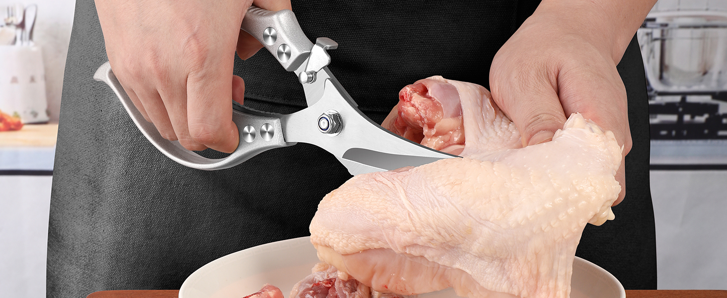 MAD SHARK Heavy Duty Poultry Shears, Kitchen Shears with Non-Slip Handle & Safety Lock, All Purpose Kitchen Scissors for Chicken, Meat Cutting, Turkey, Fish, Vegetables, Spring Loaded, Dishwasher Safe