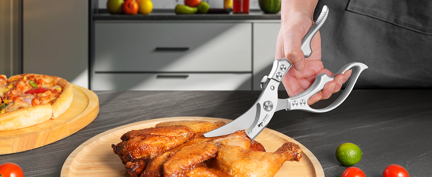 MAD SHARK Heavy Duty Poultry Shears, Kitchen Shears with Non-Slip Handle & Safety Lock, All Purpose Kitchen Scissors for Chicken, Meat Cutting, Turkey, Fish, Vegetables, Spring Loaded, Dishwasher Safe