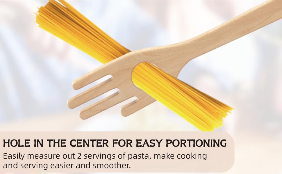 12'' Birch Pasta Forks, 2-Pack - Hand Shaped Spaghetti Server with Measuring Hole for Perfect One-Serving Portion, Natural Wood Cooking Utensils for Pasta Salad, Long Handle Noodle Spoon
