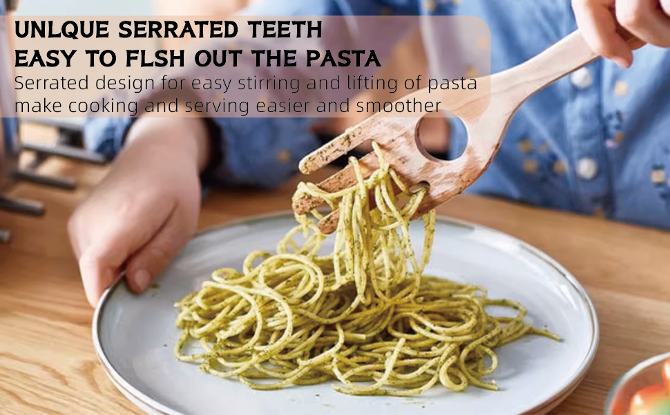 12'' Birch Pasta Forks, 2-Pack - Hand Shaped Spaghetti Server with Measuring Hole for Perfect One-Serving Portion, Natural Wood Cooking Utensils for Pasta Salad, Long Handle Noodle Spoon