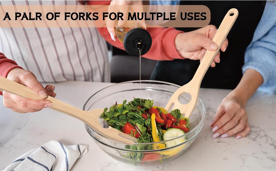 12'' Birch Pasta Forks, 2-Pack - Hand Shaped Spaghetti Server with Measuring Hole for Perfect One-Serving Portion, Natural Wood Cooking Utensils for Pasta Salad, Long Handle Noodle Spoon