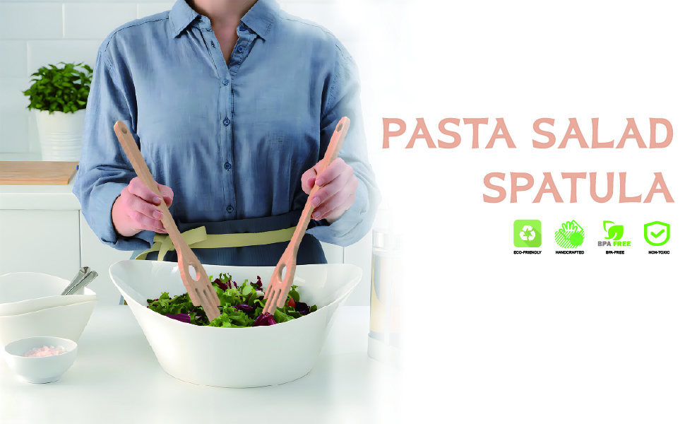 12'' Birch Pasta Forks, 2-Pack - Hand Shaped Spaghetti Server with Measuring Hole for Perfect One-Serving Portion, Natural Wood Cooking Utensils for Pasta Salad, Long Handle Noodle Spoon