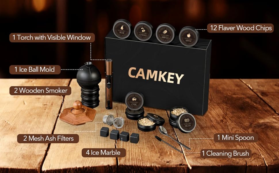 23Pcs Whiskey Smoker Kit with Torch-12 Wood Chips, Ice Ball Mold, Cocktail Smoker Infuser Kit, Old Fashioned Drink Smoker Kit, Birthday Bourbon Whiskey Gifts for Men,Dad,Him, Valentine's Day Gifts