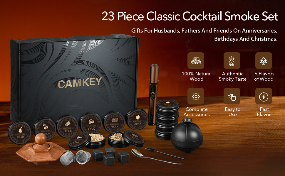 23Pcs Whiskey Smoker Kit with Torch-12 Wood Chips, Ice Ball Mold, Cocktail Smoker Infuser Kit, Old Fashioned Drink Smoker Kit, Birthday Bourbon Whiskey Gifts for Men,Dad,Him, Valentine's Day Gifts