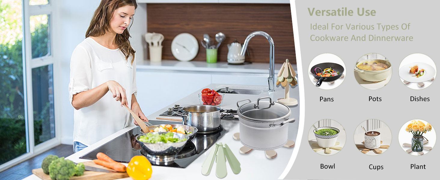 Tree Coasters, Trivets for Hot Dishes, Foldable Treevet Coaster Set, Non-Slip Resistant Trivet Tree for Teapot Pans Kitchen Decor Meets Functionality (3 Trivet + 1 Stand)