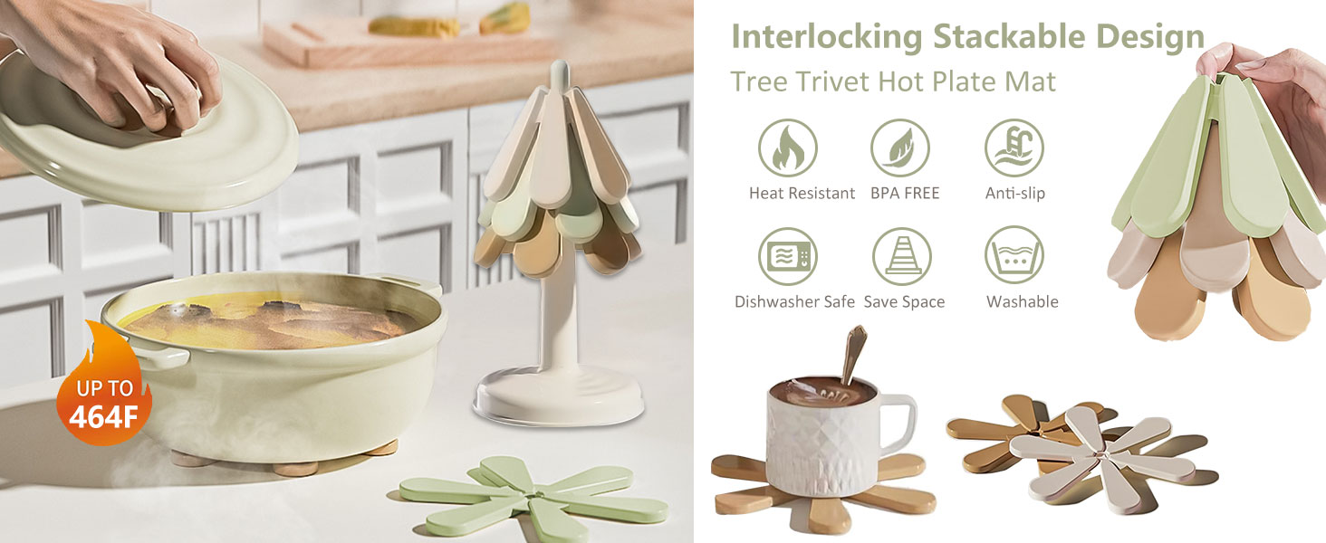 Tree Coasters, Trivets for Hot Dishes, Foldable Treevet Coaster Set, Non-Slip Resistant Trivet Tree for Teapot Pans Kitchen Decor Meets Functionality (3 Trivet + 1 Stand)