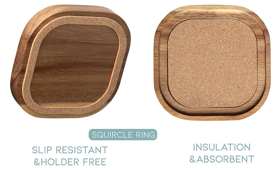 Acacia Wood Coasters for Drinks, 4.13 Inch, Set of 6, Squircles Insulation and Absorbent Cork Stackable Cup Holder, Rustic Coasters for Coffee Table, Designed by S1EGAN