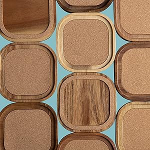 Acacia Wood Coasters for Drinks, 4.13 Inch, Set of 6, Squircles Insulation and Absorbent Cork Stackable Cup Holder, Rustic Coasters for Coffee Table, Designed by S1EGAN