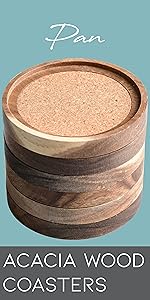 Acacia Wood Coasters for Drinks, 4.13 Inch, Set of 6, Squircles Insulation and Absorbent Cork Stackable Cup Holder, Rustic Coasters for Coffee Table, Designed by S1EGAN
